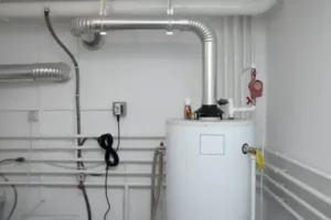 A boiler room with a water heater, pipes, and valves. The metallic pipes run along the wall, with a power outlet and coiled cables visible. Clean and utilitarian, it stands ready for any furnace installation needs.
