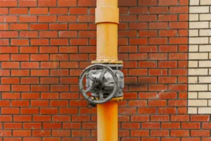 An orange gas line with a valve contrasts sharply against the rustic charm of the red and beige brick wall.