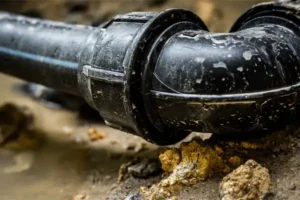Close-up of a black plastic pipe with an elbow joint, partially embedded in the muddy ground, hints at the need for sewer line repair.