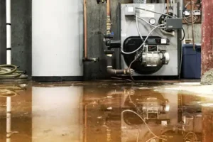 A flooded basement with visible water on the floor, adjacent to a water heater and plumbing system, suggests an urgent need for sump pump repair to prevent further damage.