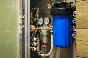 A plumbing system with gauges, pipes, and valves integrates seamlessly with a water filtration installation, featuring a blue filter housed in a compact enclosure.
