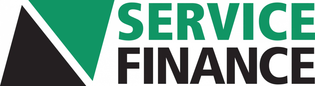 Logo displaying a stylized green and black triangular design on the left, with the words "Service Finance" in large green and black capital letters on the right.