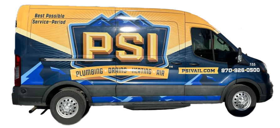 Side view of a PSI service van with bold letters and contact details, including the website and phone number, against a blue and yellow mountain-themed background.

Heating maintenance