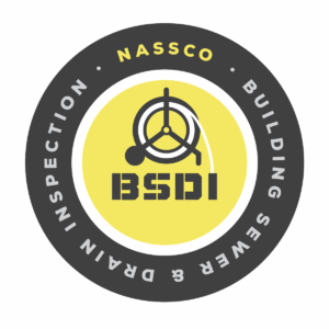 A circular badge with the words "NASSCO Building Sewer & Drain Inspection" around the edge and the BSDI logo with a pipe graphic in the center, representing excellence in home services.