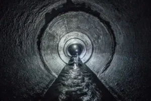 View looking down the interior of a large, round concrete tunnel—a result of trenchless sewer line install—with water flowing along the bottom and light visible at the far end.