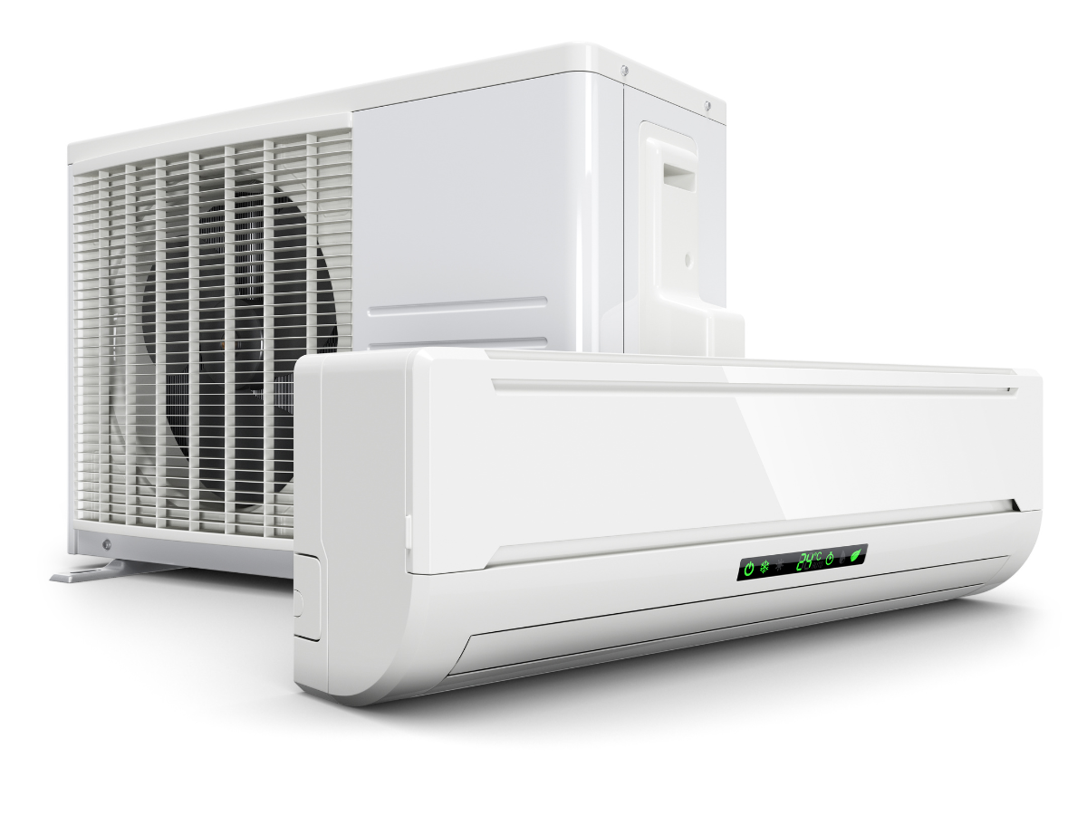 A white mini split air conditioning unit with an indoor wall-mounted component and an outdoor compressor heat pump on a white background.