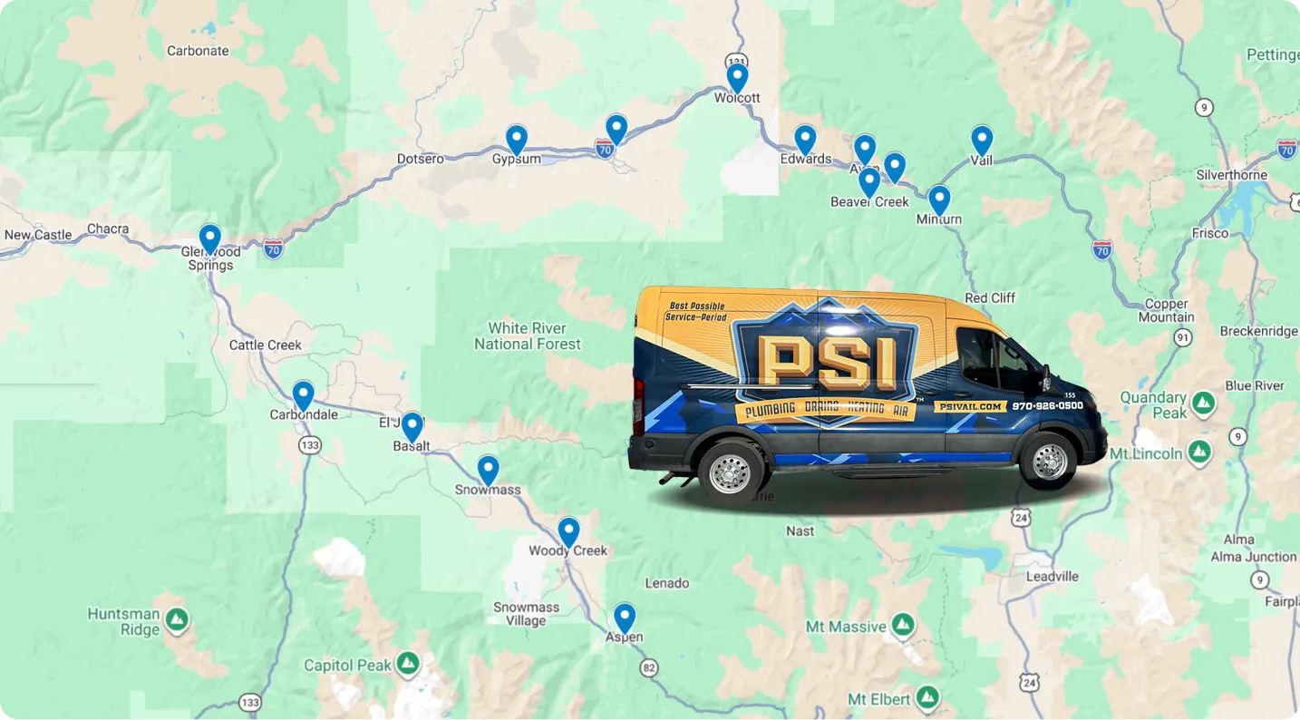 A PSI Plumbing service van is superimposed on a map showing multiple marked locations in Colorado, including resort towns and mountainous areas, illustrating the company’s wide reach for professional home services across the region.