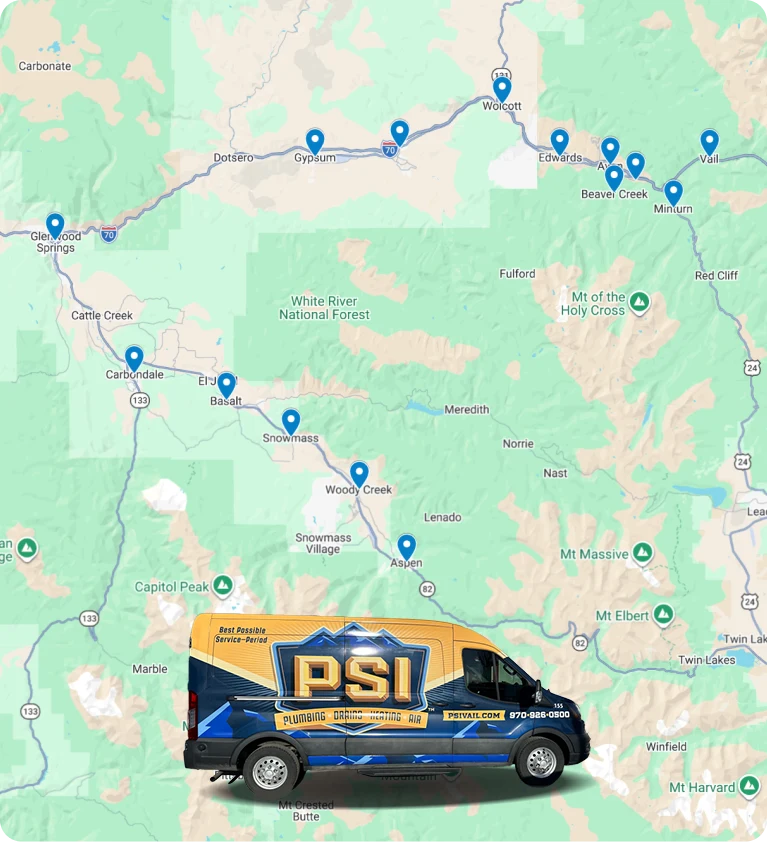 A PSI Plumbing and Heating van is pictured in front of a map with marked locations across mountainous areas near Beaver Creek, Vail, and surrounding towns in Colorado, highlighting their trusted home services throughout the region.
